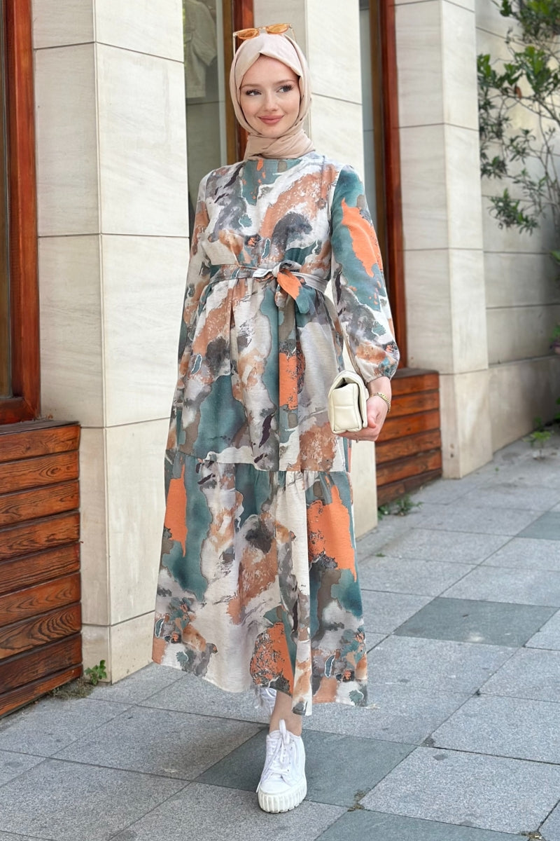 Watercolor Print Linen Dress