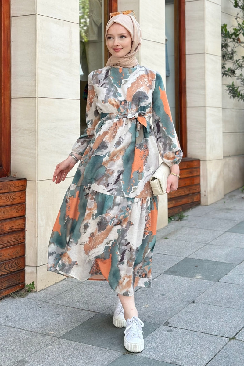 Watercolor Print Linen Dress