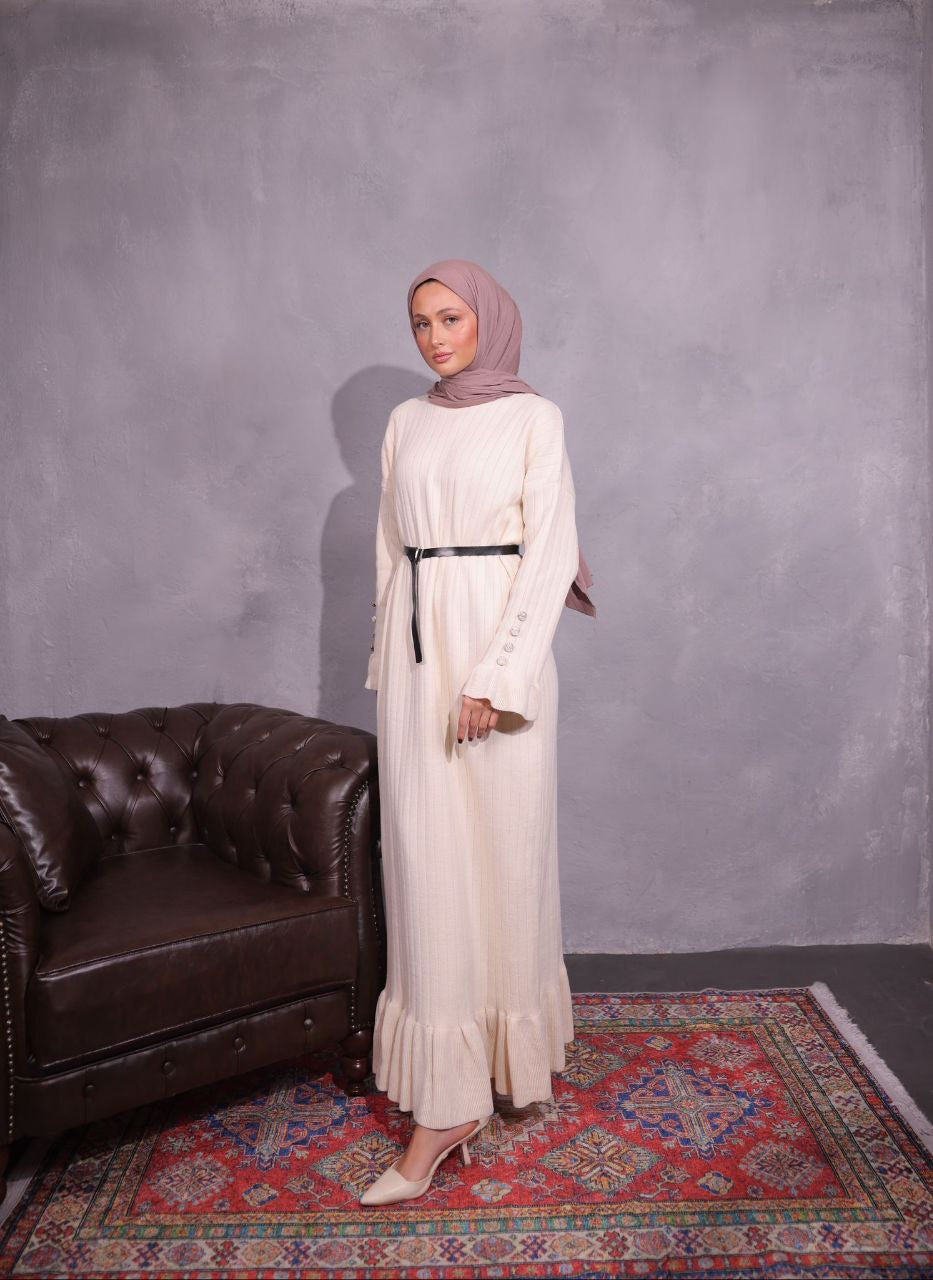 White modest  knit dress with a black leather belt