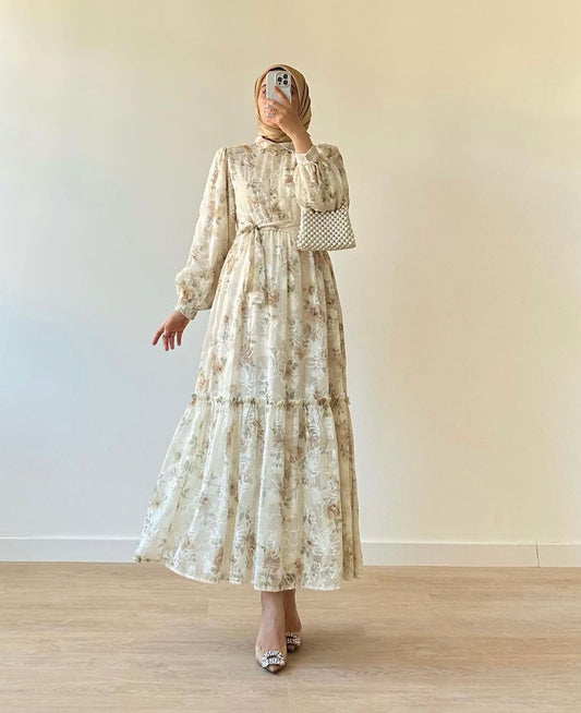 Modest dress with flora embroidery pattern